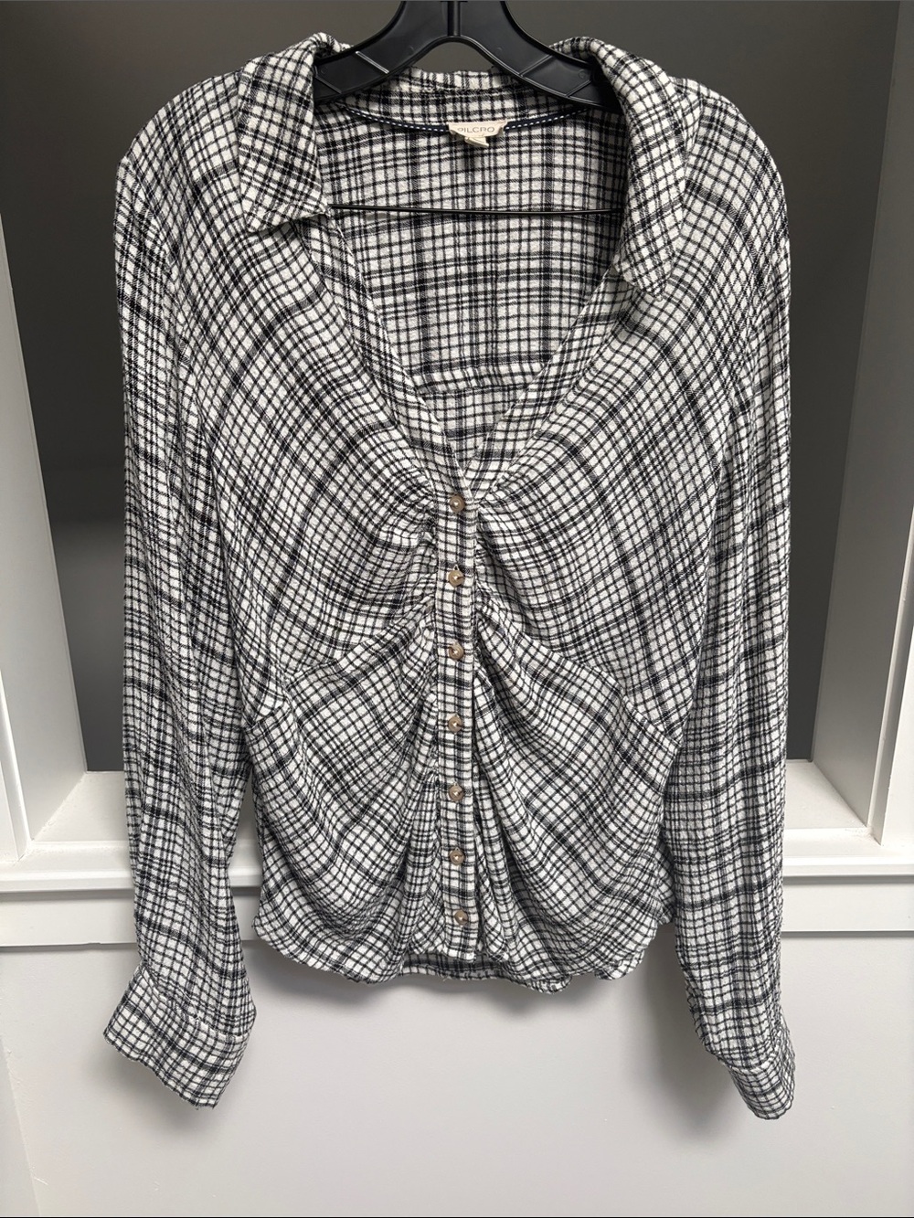 Pilcro Keaton Ruched Collared Blouse in Black & White Plaid